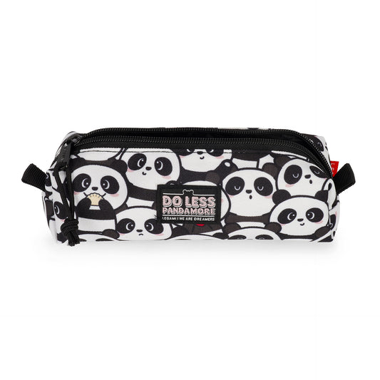 White recycled polyester panda pencil case showing front slogan and red tag