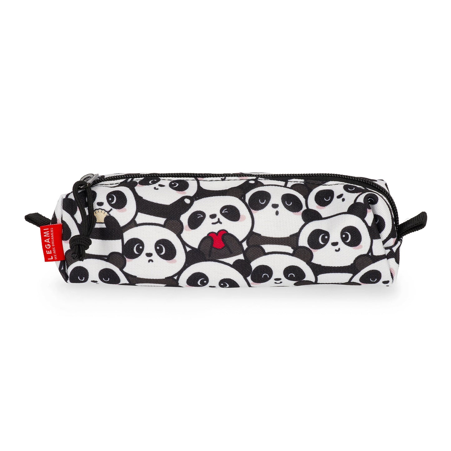 White Legami panda print pencil case with black zipper and red tag