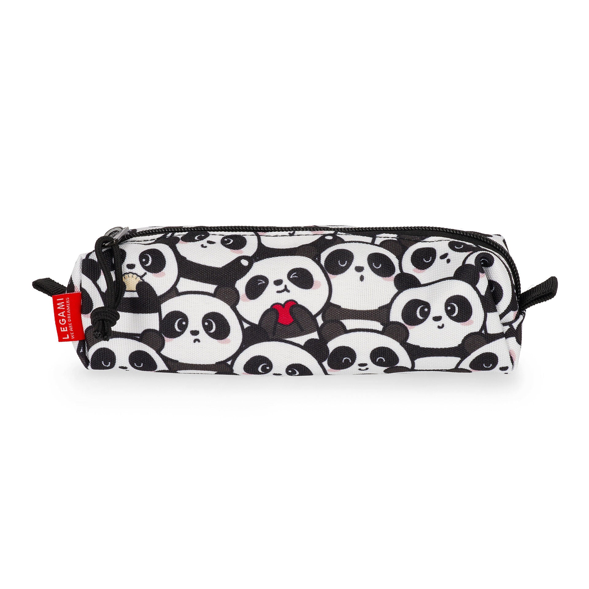 White Legami panda print pencil case with black zipper and red tag