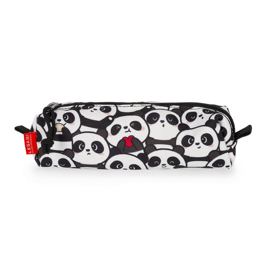 White Legami panda print pencil case with black zipper and red tag