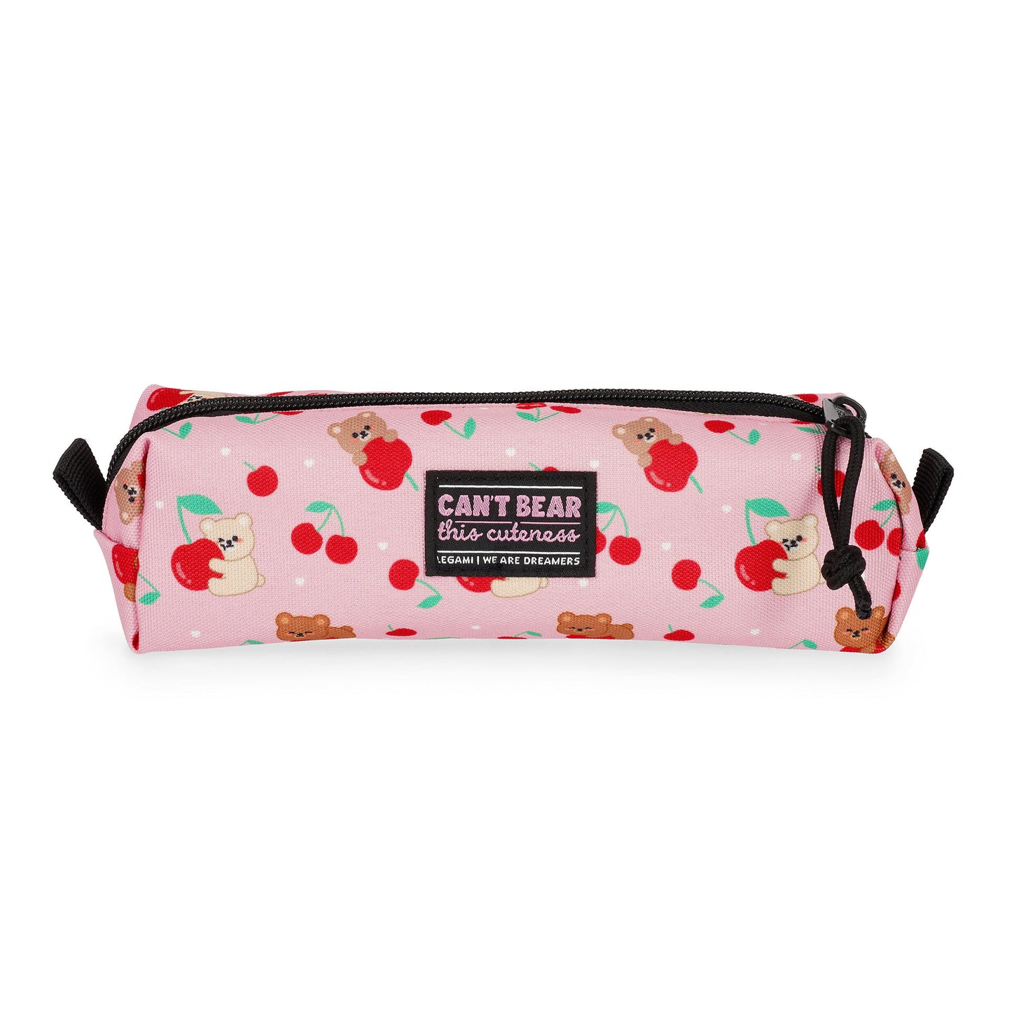 Pink cylindrical pencil case with teddy bear and cherry pattern by Legami