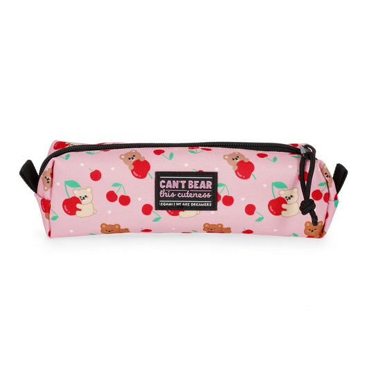 Pink cylindrical pencil case with teddy bear and cherry pattern by Legami