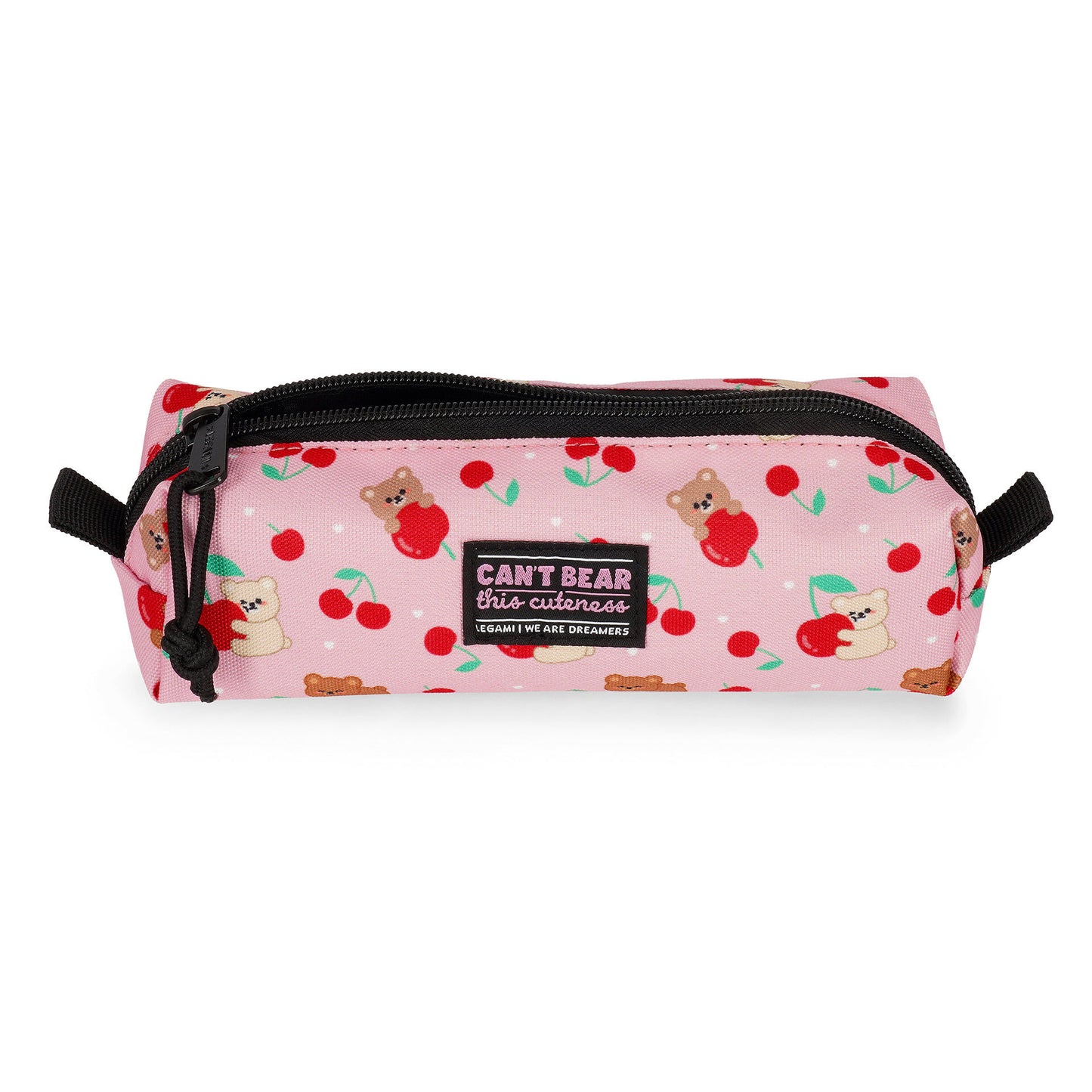 Legami pink pencil case front view with 'Can't Bear this Cuteness' label