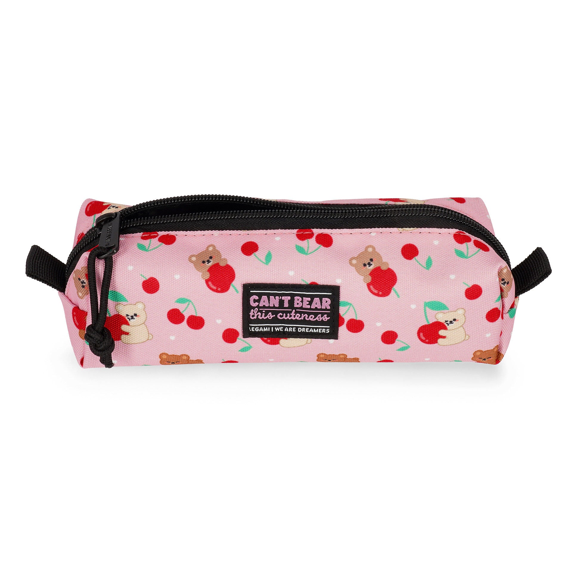 Legami pink pencil case front view with 'Can't Bear this Cuteness' label