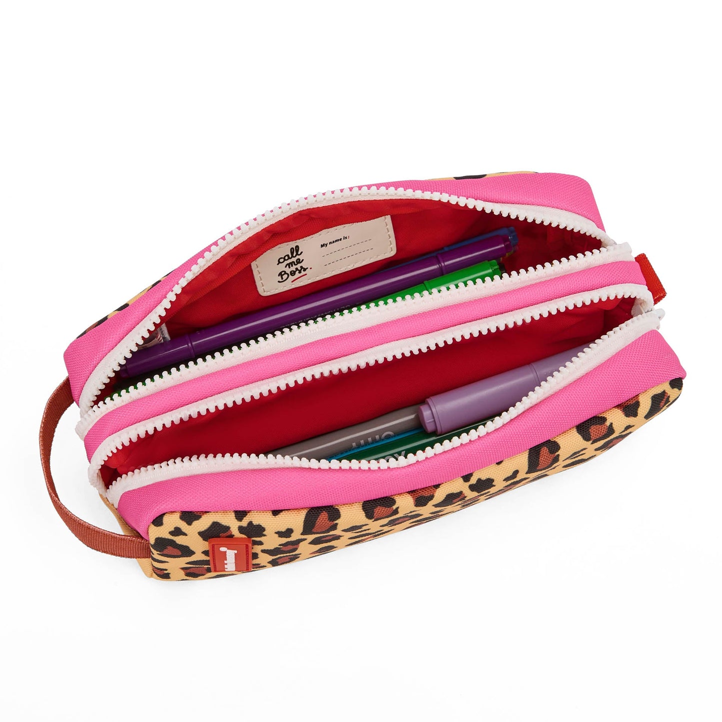 Top-down view of open Hello Hossy pencil case with pens and pink interior divider