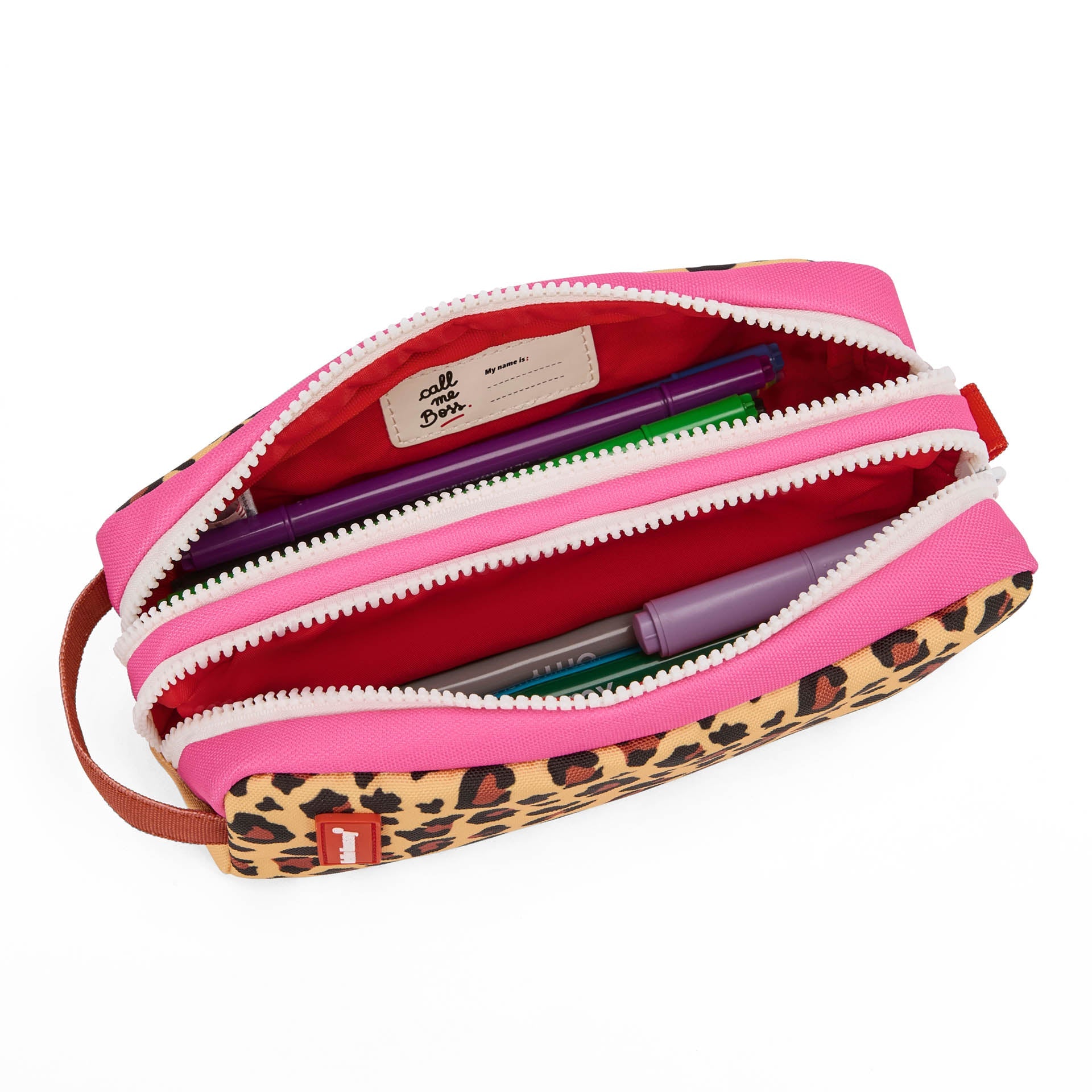 Top-down view of open Hello Hossy pencil case with pens and pink interior divider