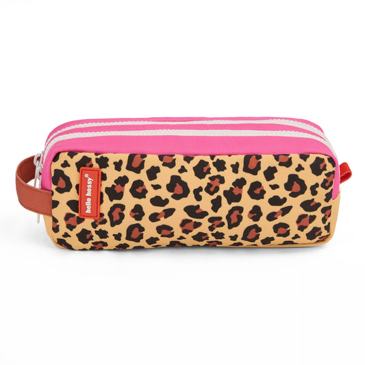 Hello Hossy leopard print double compartment pencil case with pink zipper trim