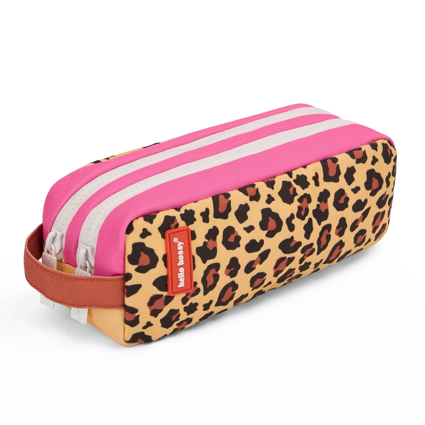 Side view of Hello Hossy rectangular pencil case with leopard print and brown handle