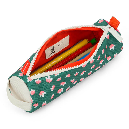 Green floral pencil case with red interior and Hello Hossy zipper pull