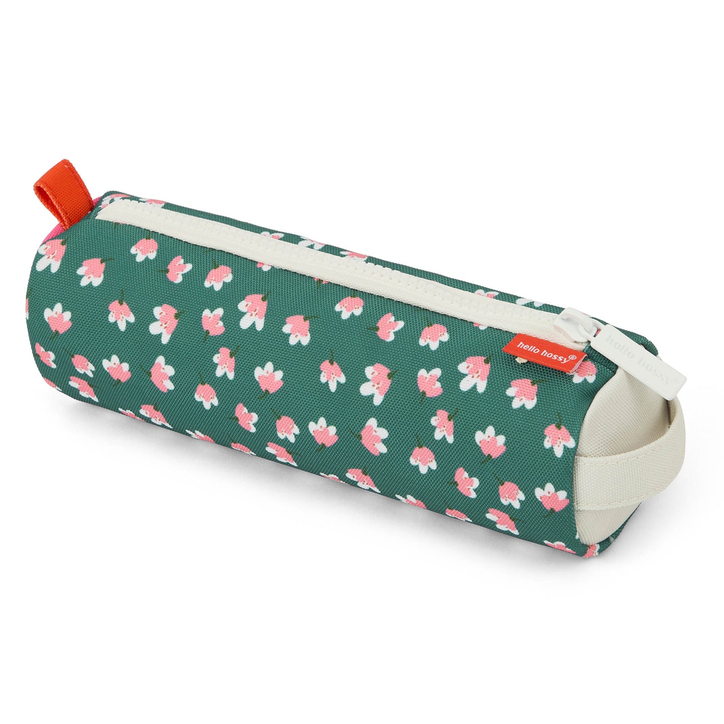 Closed cylindrical green floral pencil case with beige end caps