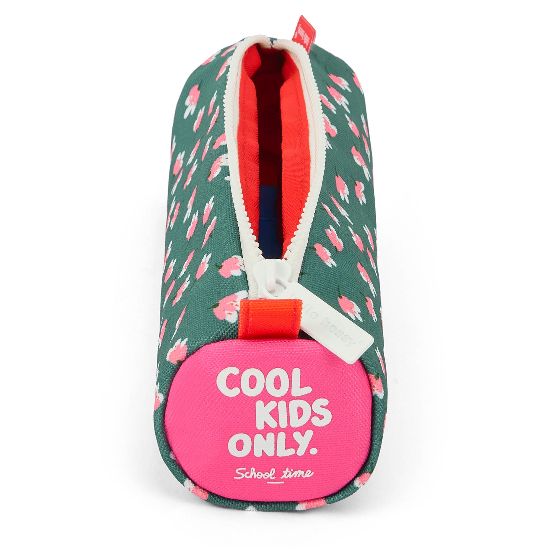 Pink Cool Kids Only patch detail on green floral pencil case