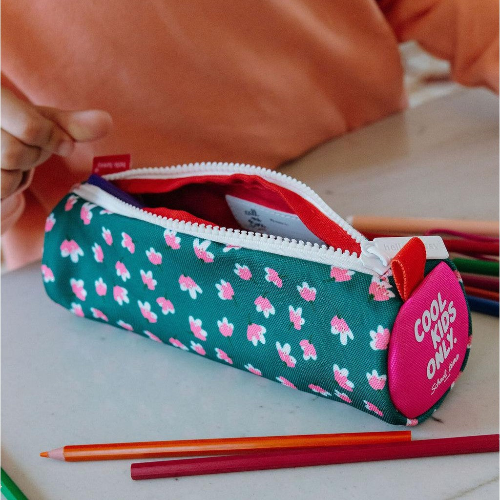 Green floral school pencil case with Cool Kids Only patch for girls