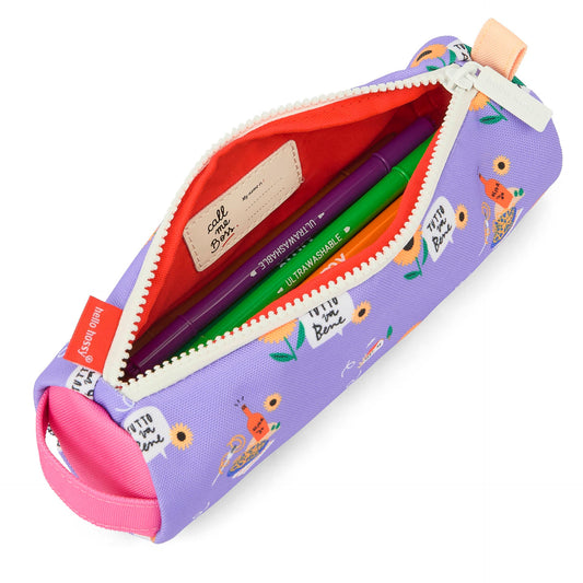 Purple floral sunflower pencil case with food print and red interior for kids