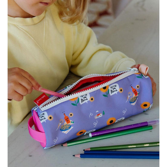 Child holding purple sunflower pencil case with red interior and Hello Hossy tag