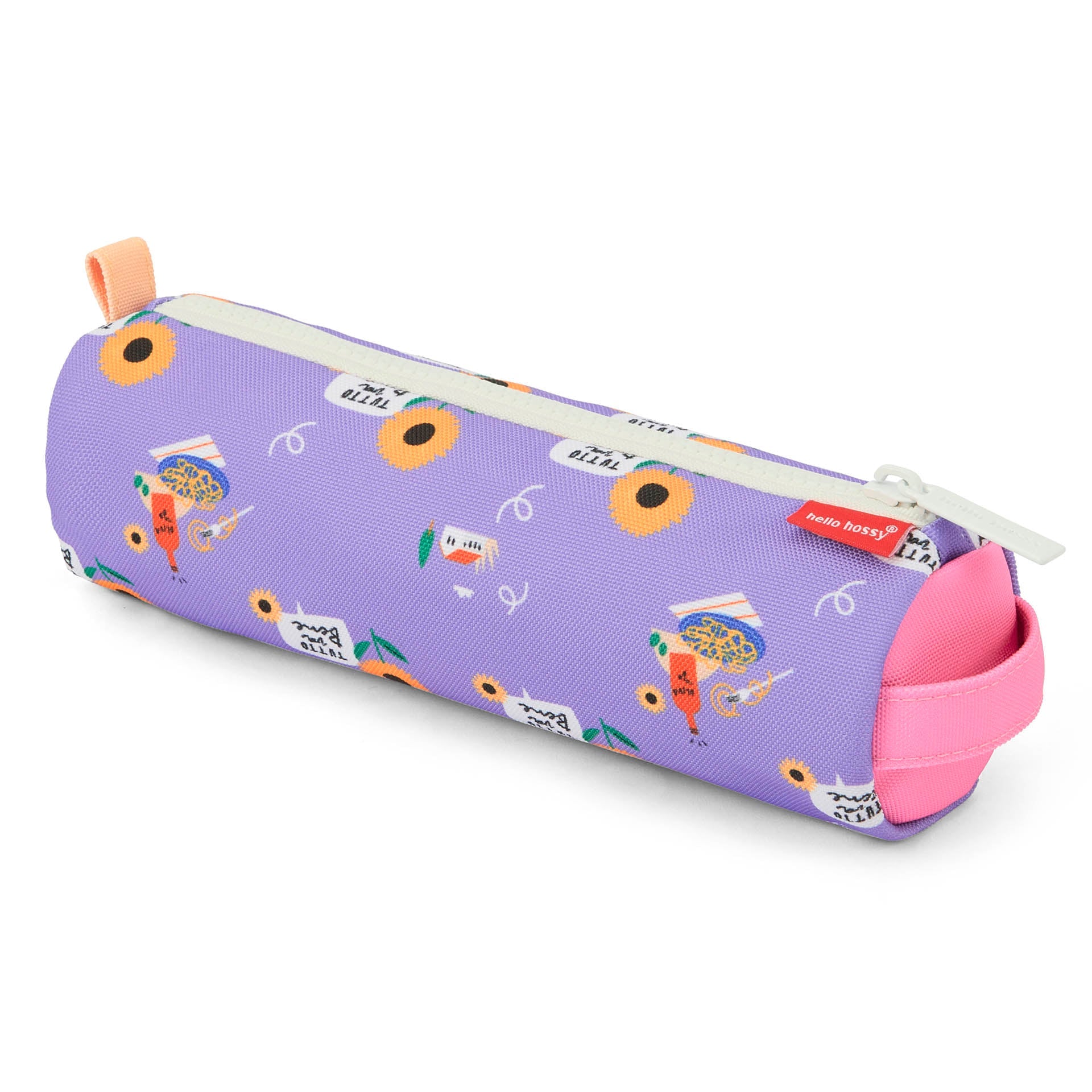 Side view of purple sunflower patterned pencil case with pink handle and white zipper