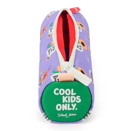 Back of purple cylindrical pencil case with COOL KIDS ONLY patch and sunflower print