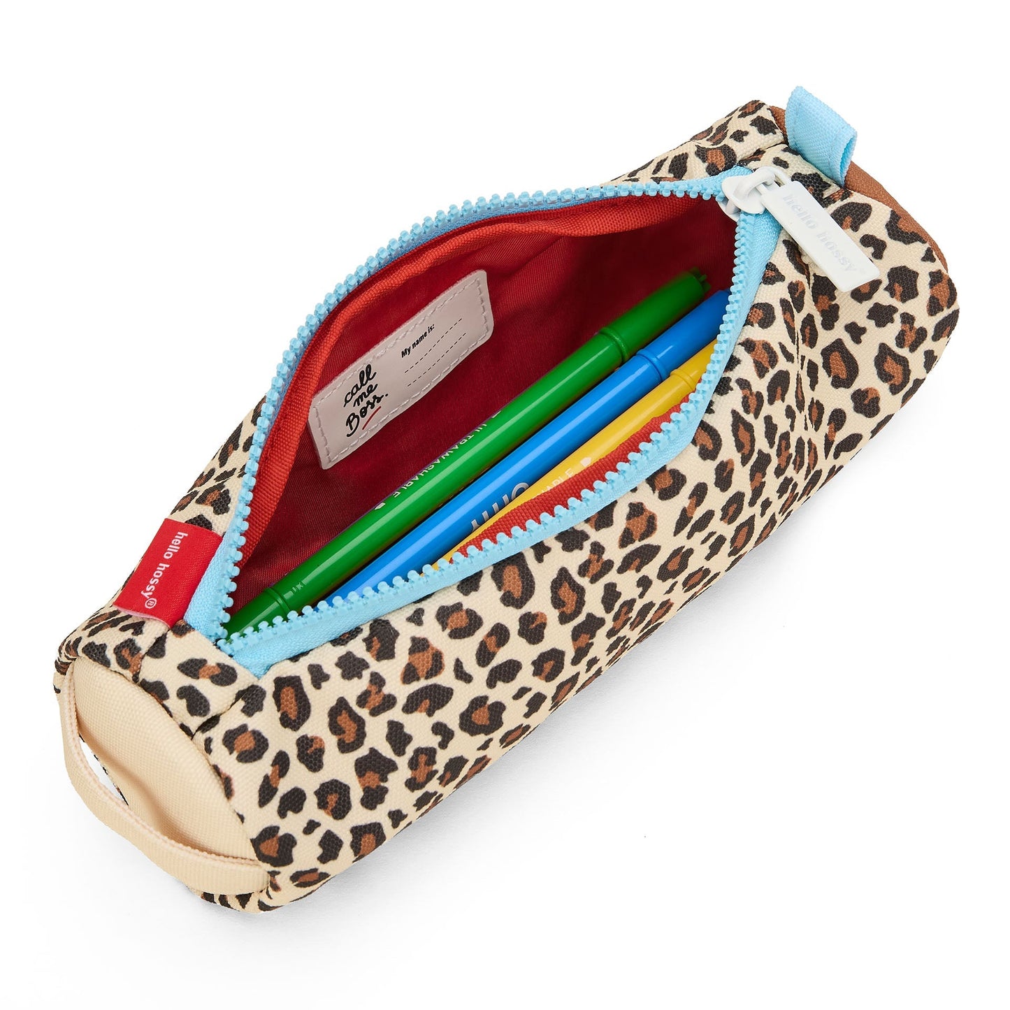 Open Hello Hossy pencil case showing red lining and colorful pens inside