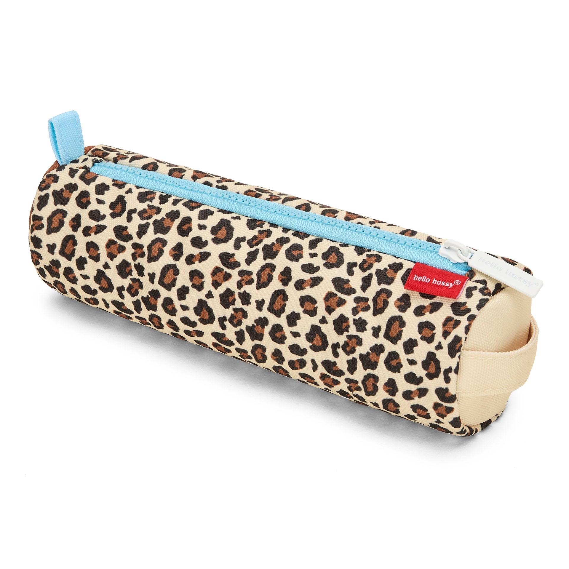 Top view of closed Hello Hossy leopard print cylindrical pencil case with red tag