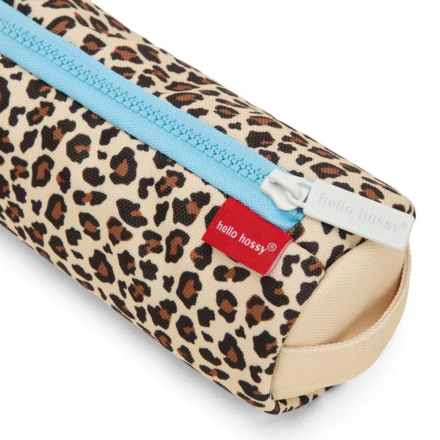 Close-up of light blue zipper and Hello Hossy logo on leopard print pencil case