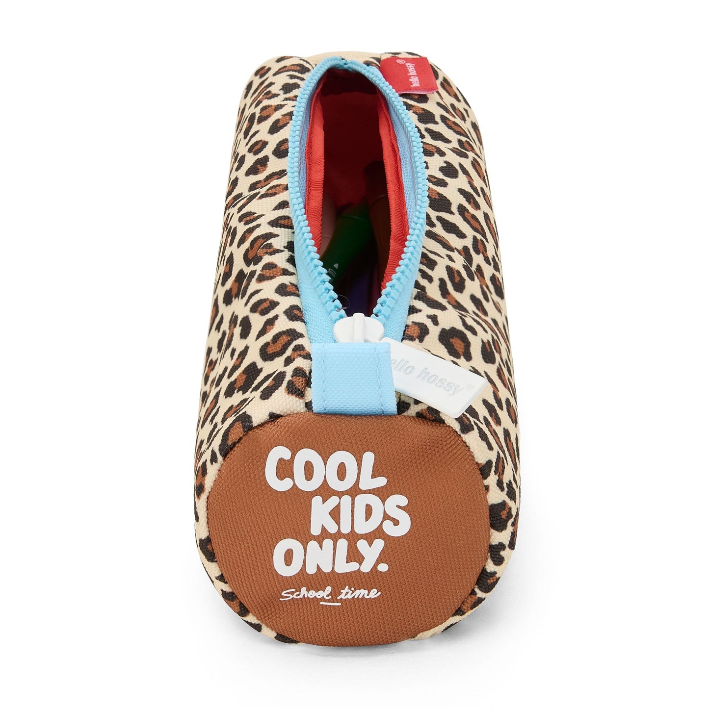 Beige leopard print Hello Hossy pencil case with blue zipper and red interior for kids