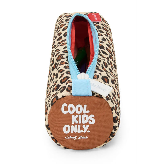 Beige leopard print Hello Hossy pencil case with blue zipper and red interior for kids