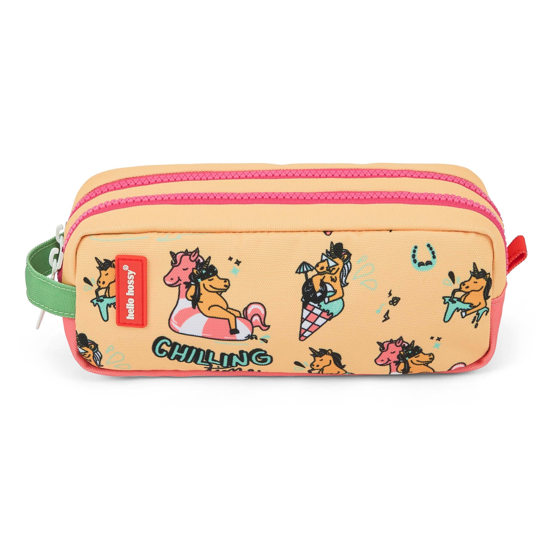 Beige Hello Hossy double compartment unicorn pencil case front view