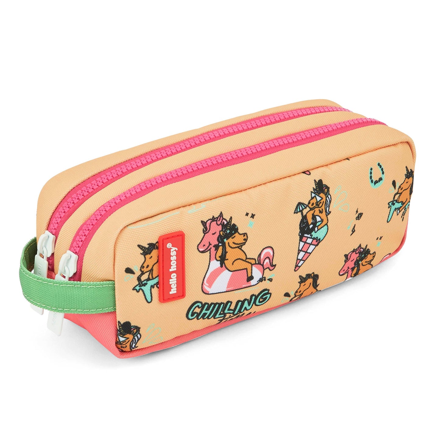 Rear side view of beige Hello Hossy unicorn pencil case with zippers