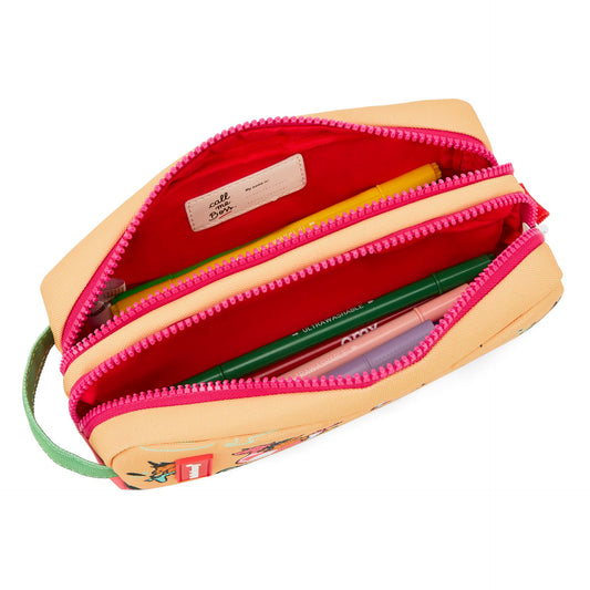 Open beige unicorn pencil case showing red lining and dual compartments
