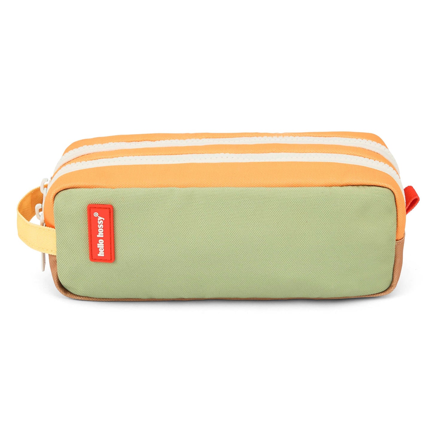 Back view of orange green Hello Hossy double zip pencil case with beige handle