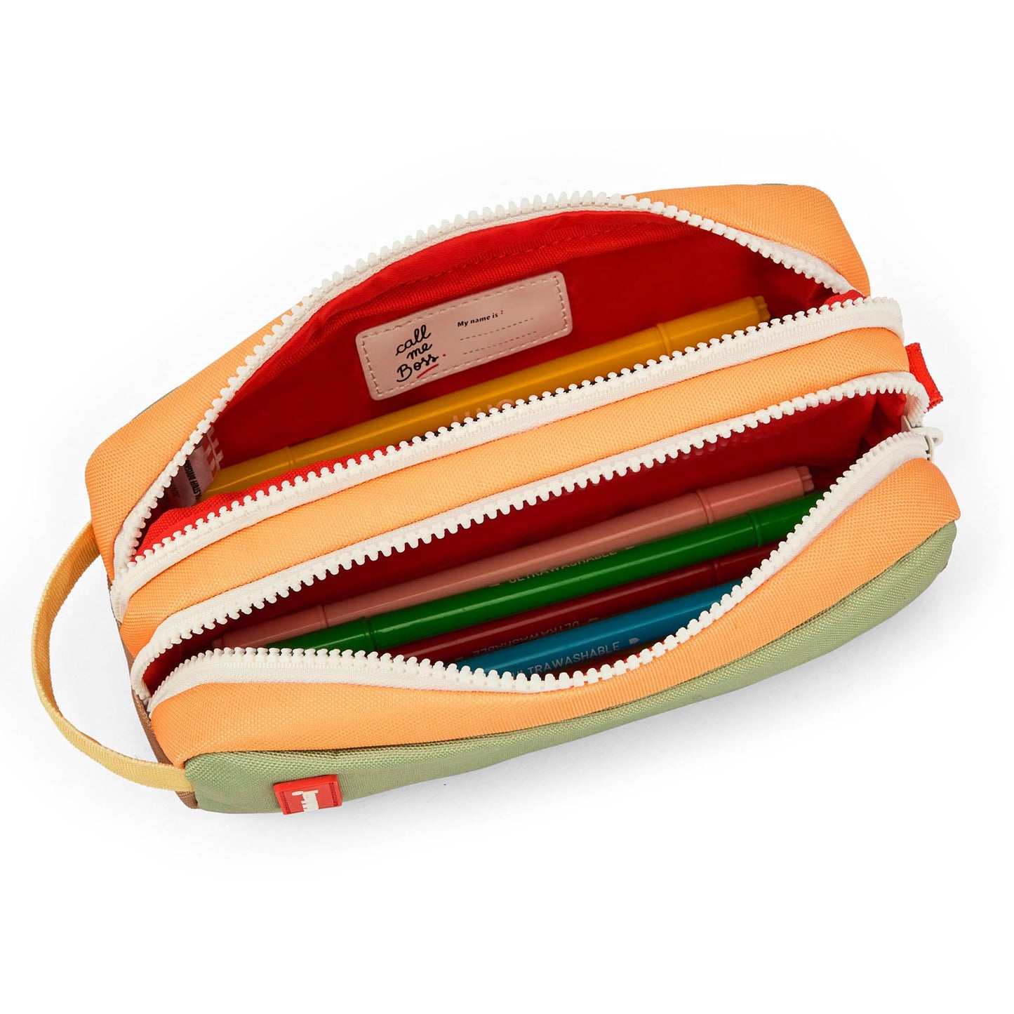 Open mini safari pencil case with double zipper and red interior showing pens