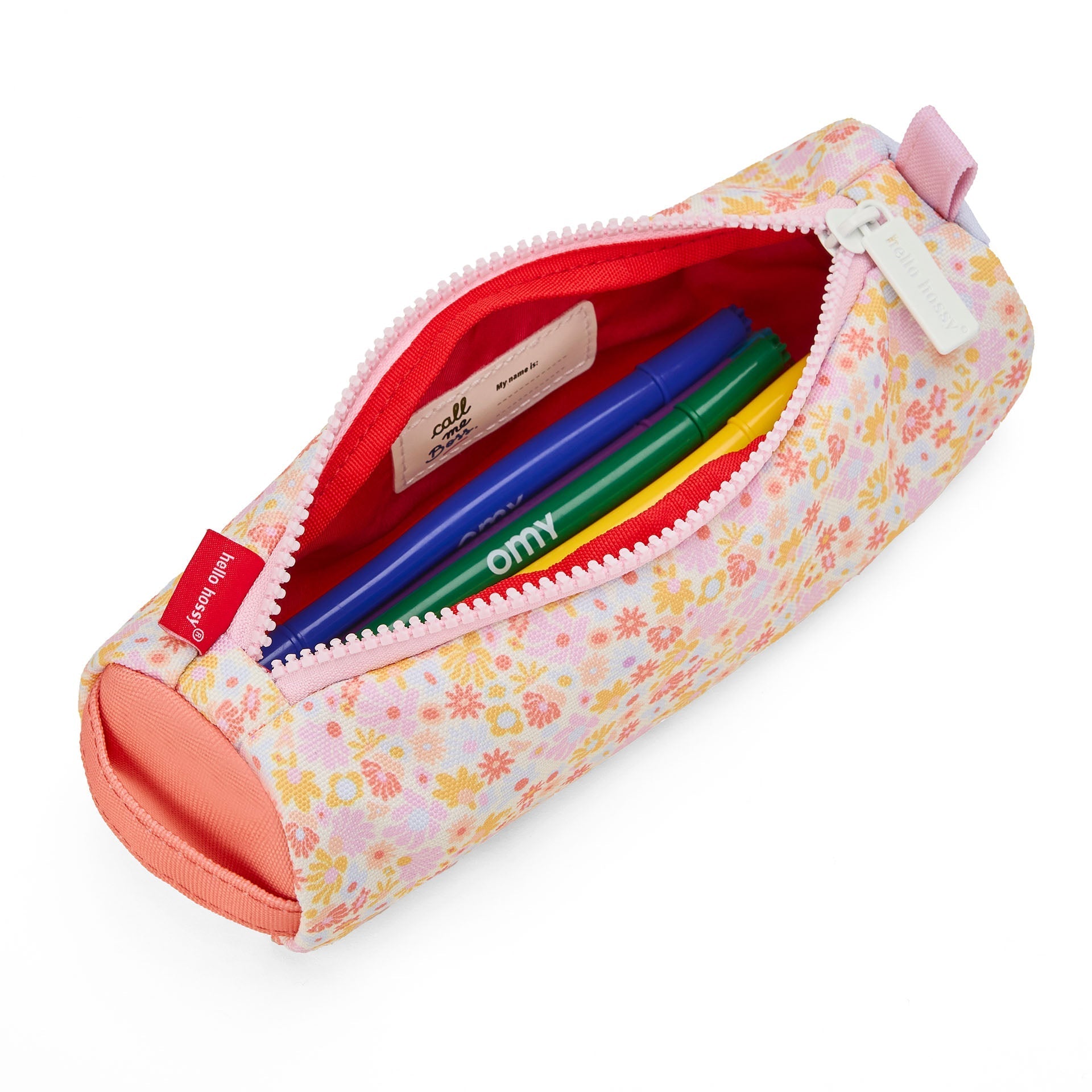 Open Hello Hossy floral pencil case showing bright red interior lining and storage