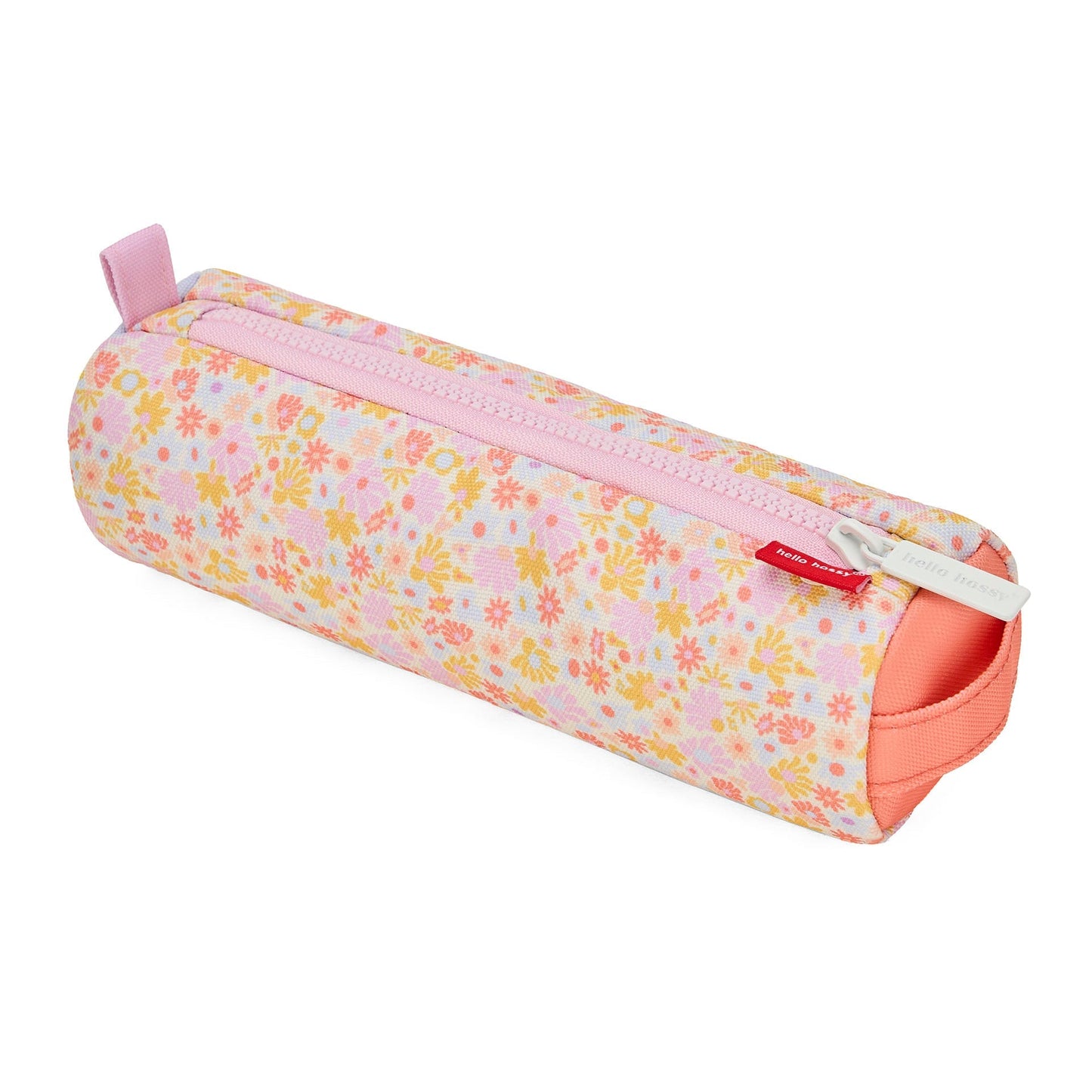 Full view of retro floral cylindrical pencil case with pink zipper and coral accents