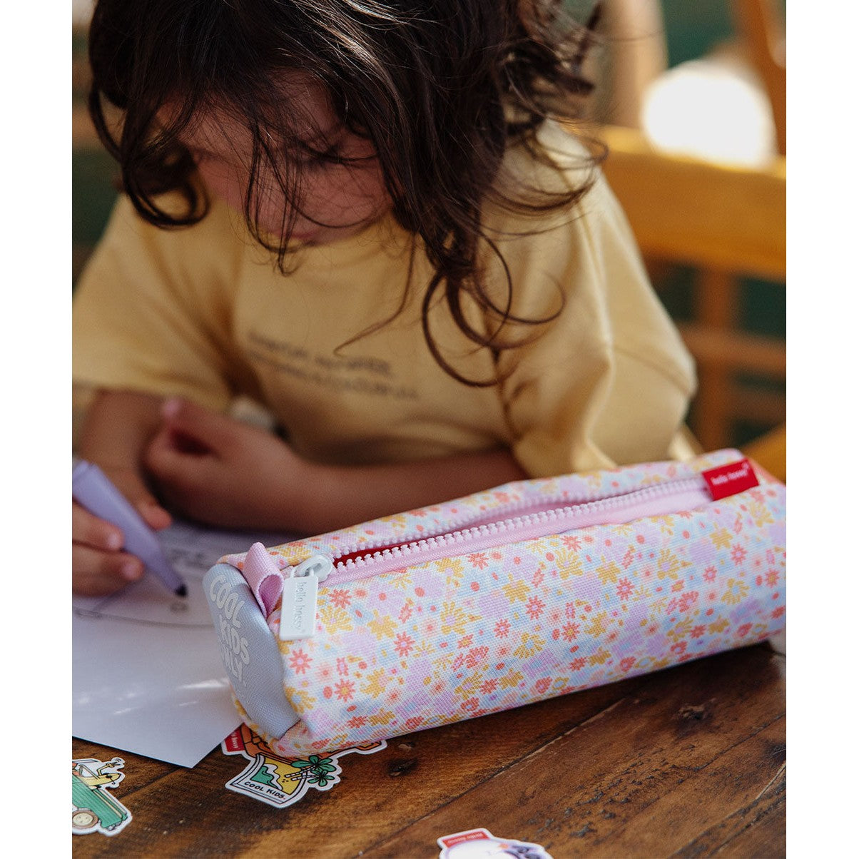 Retro floral pink pencil case for kids with water-resistant fabric and wide zipper