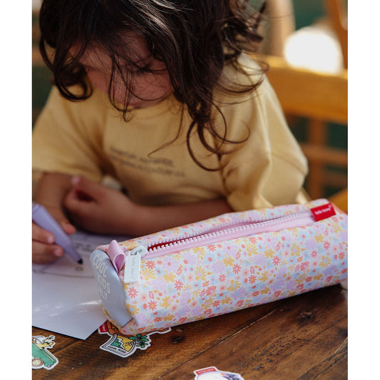 Retro floral pink pencil case for kids with water-resistant fabric and wide zipper