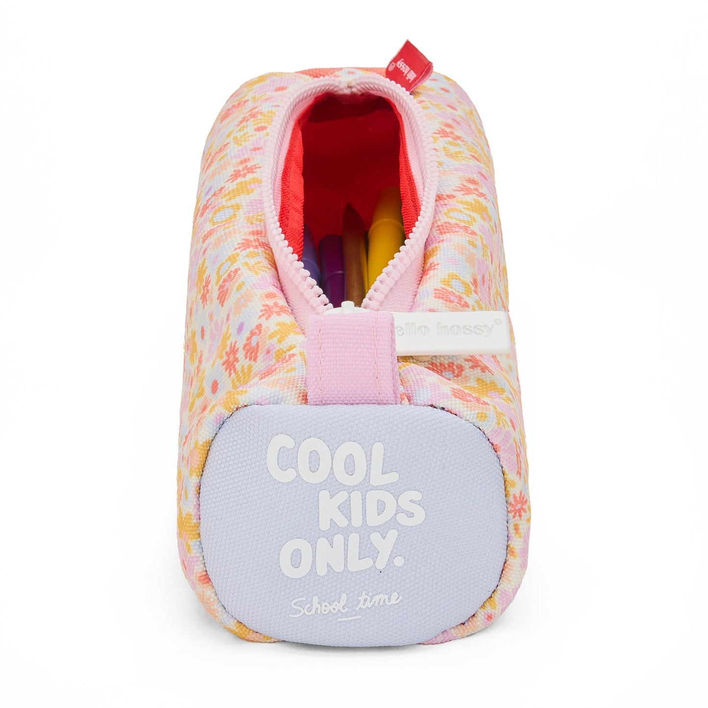 Floral pencil case with 'Cool Kids Only' text panel and red interior lining
