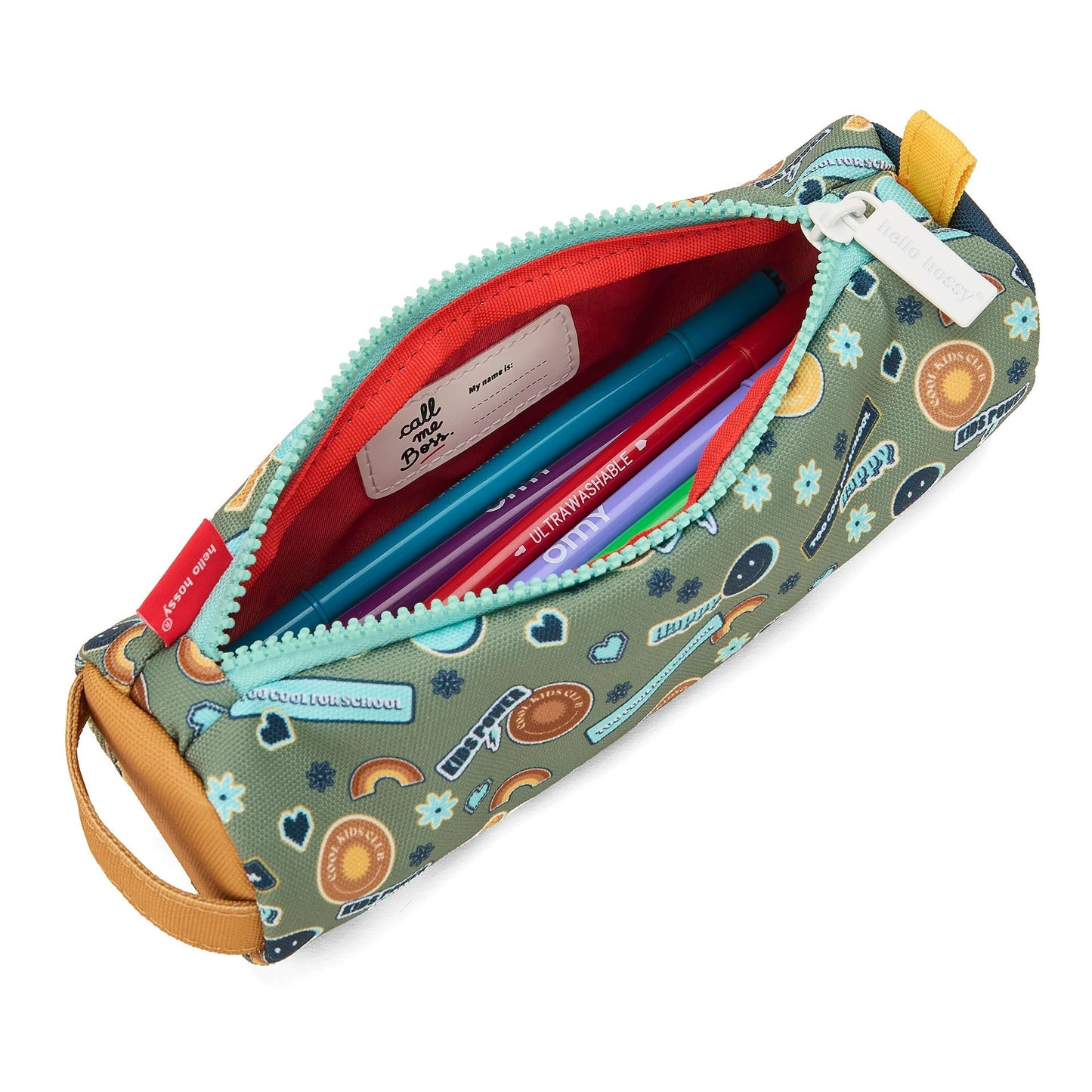 Open green kids pencil case showing red interior and stationery