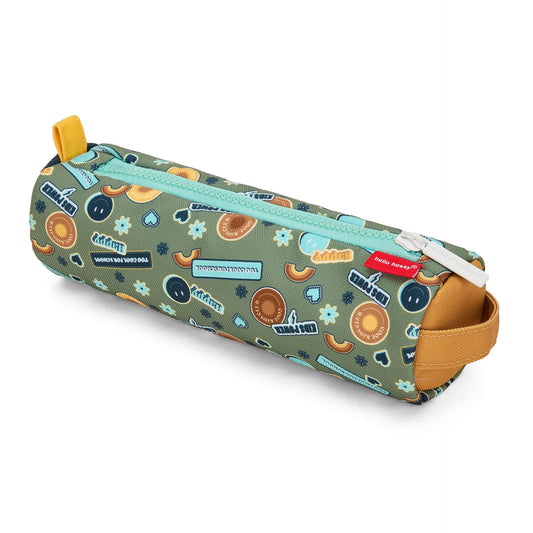 Green 'Too Cool For School' cylindrical pencil case side view