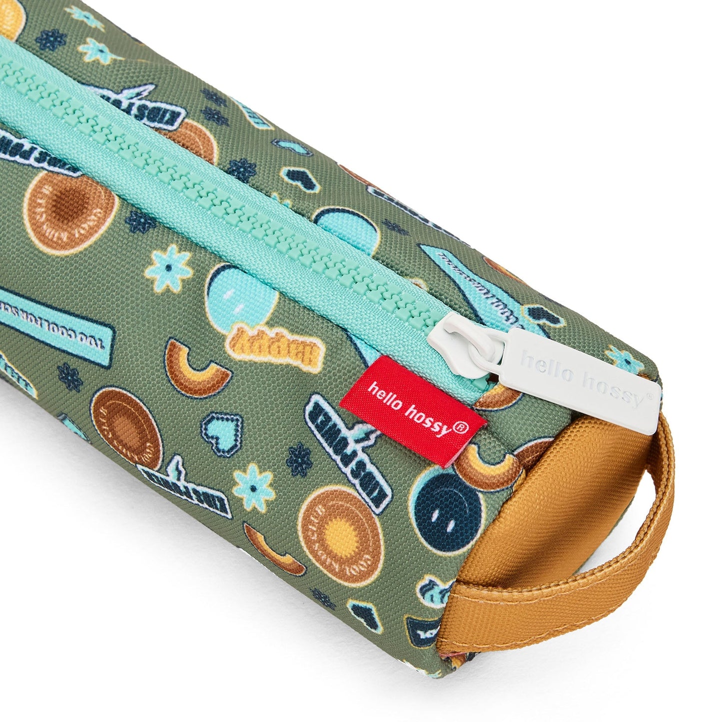Olive green textured pencil case with tan fabric loops and zipper detail