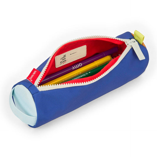 Open blue Hello Hossy school bag showing red lining and beige name tag insert