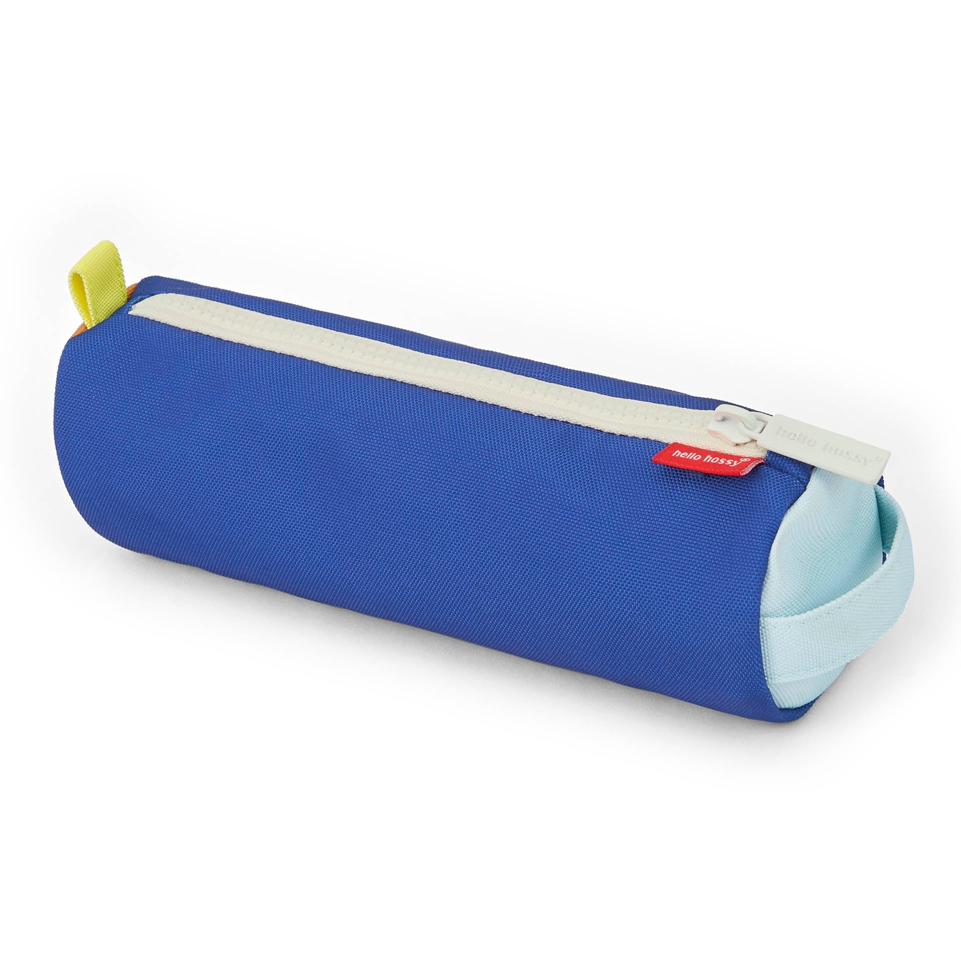 Closed textured blue pencil case with white zipper and light blue handle loop