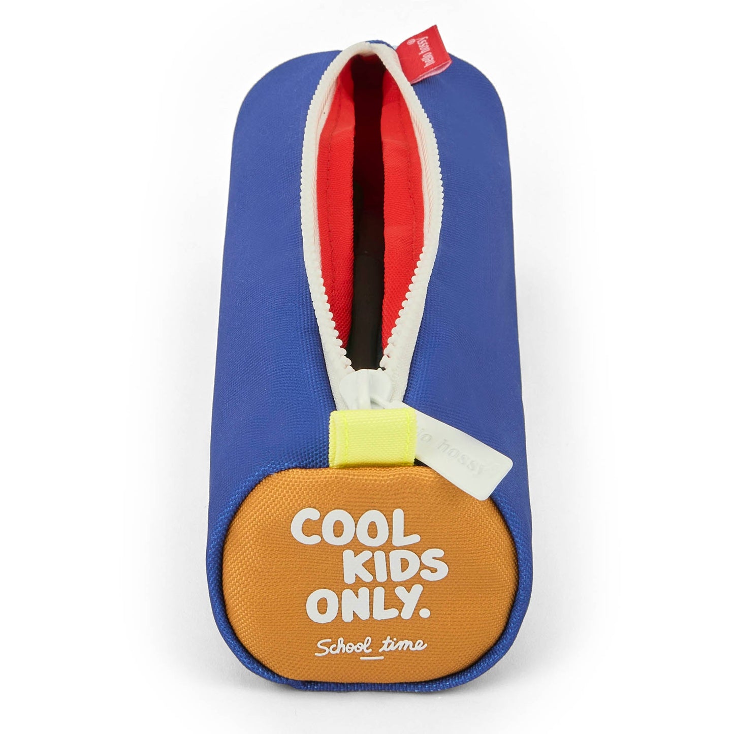 Front view of open blue pencil case with red interior and orange COOL KIDS ONLY label