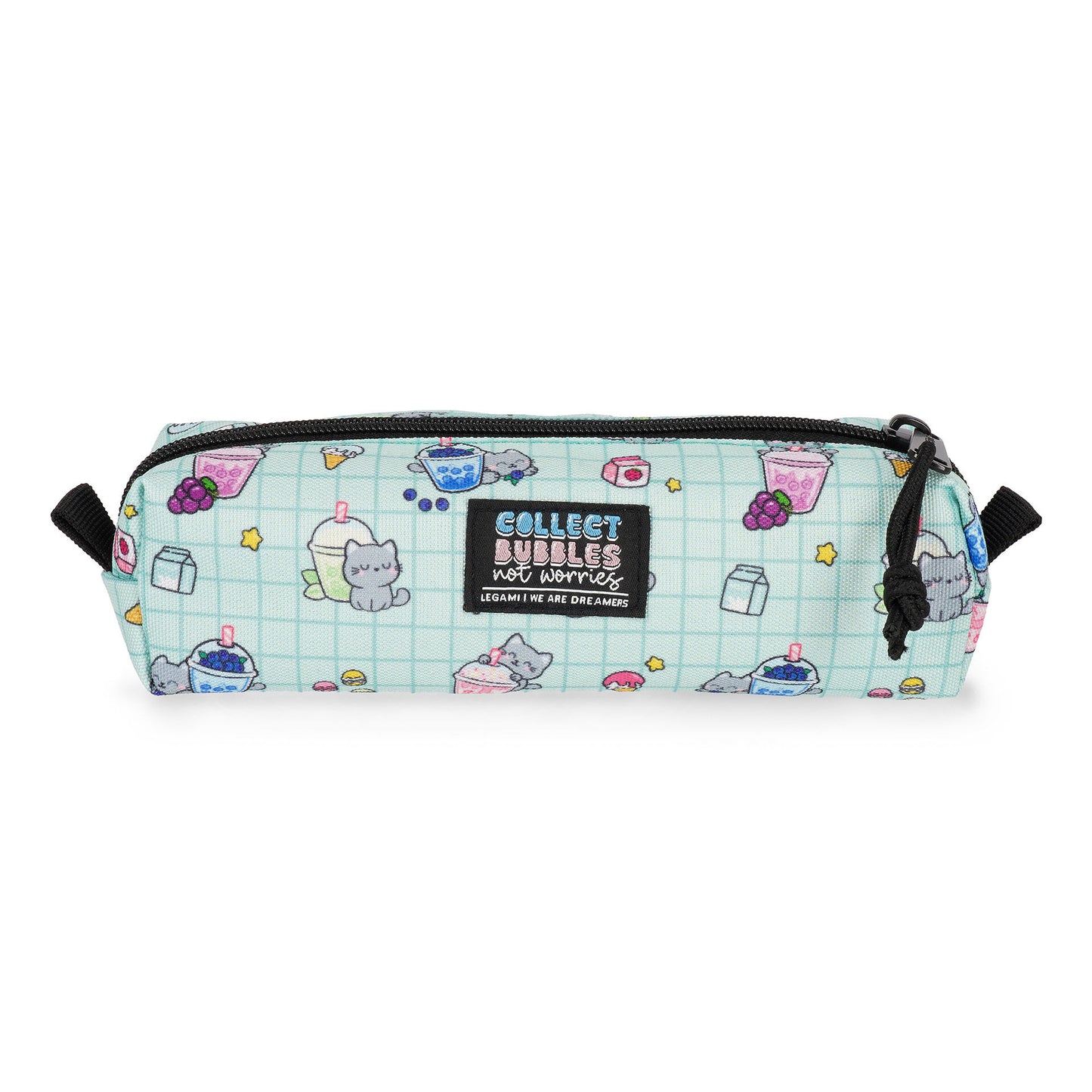 Spacious Legami My Pencil Case in teal featuring playful food and cat illustrations
