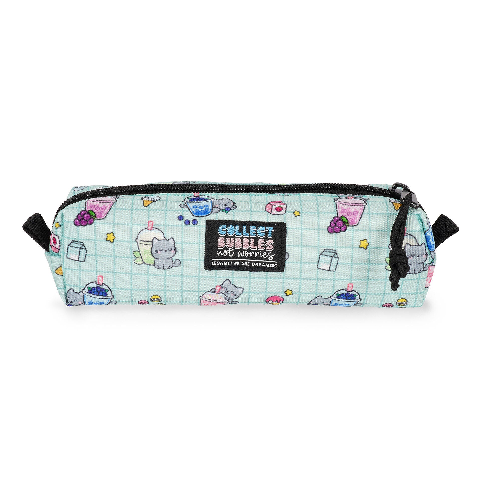 Spacious Legami My Pencil Case in teal featuring playful food and cat illustrations