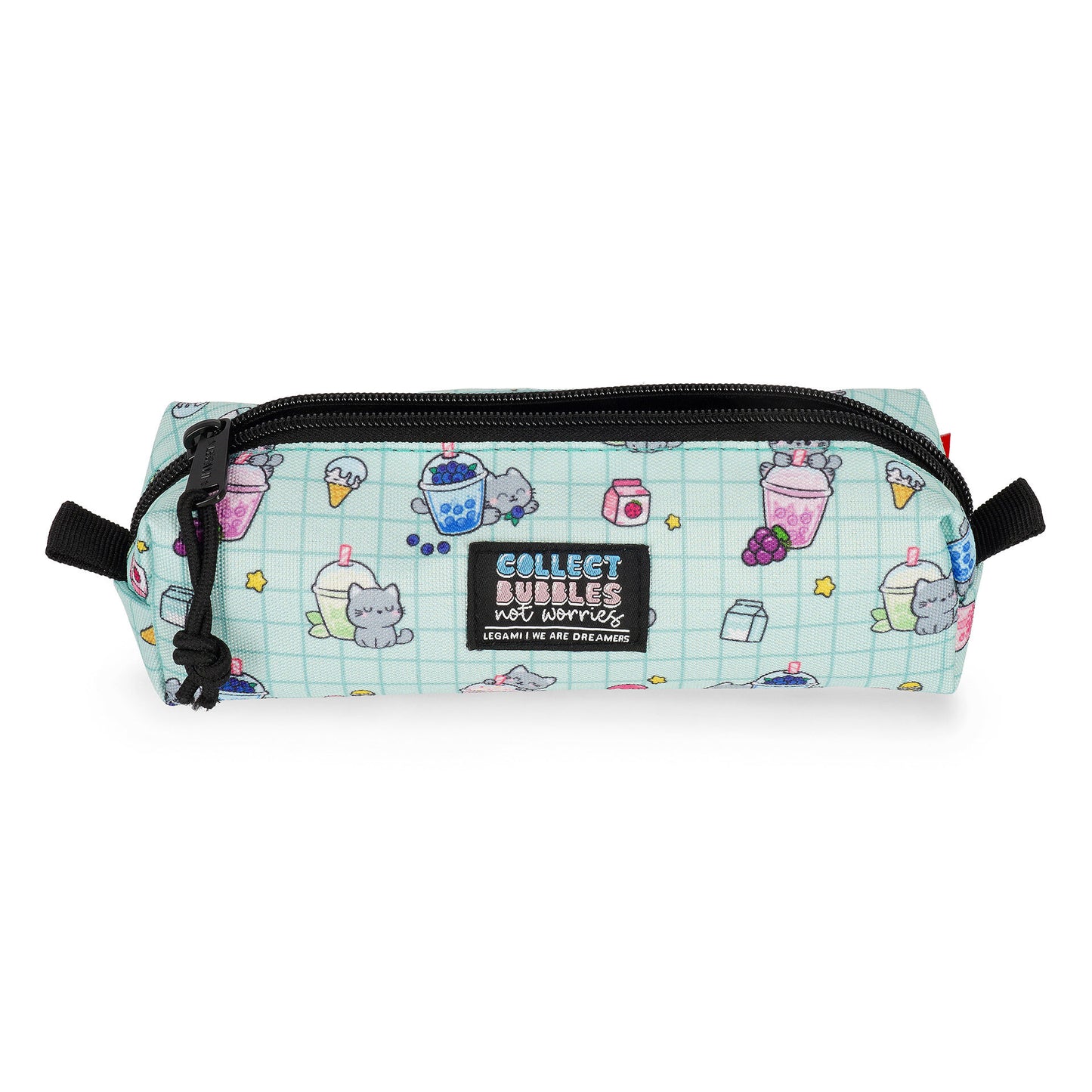 Teal Legami pencil case with cat and bubble tea print, black zipper, and woven label