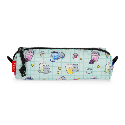 Light teal recycled polyester pencil case with cartoon cats and bubble tea design