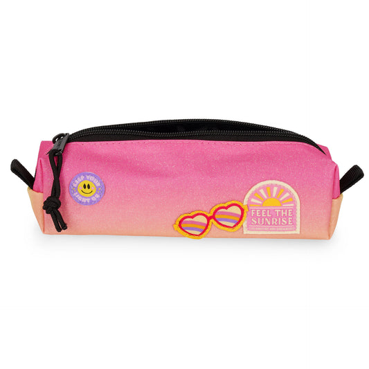 Pink to yellow gradient glitter pencil case with heart sunglasses and sunrise patches