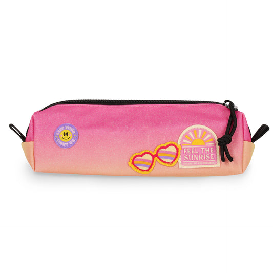 Sunrise Lover gradient pencil case with glitter, embroidered smiley and sun patches