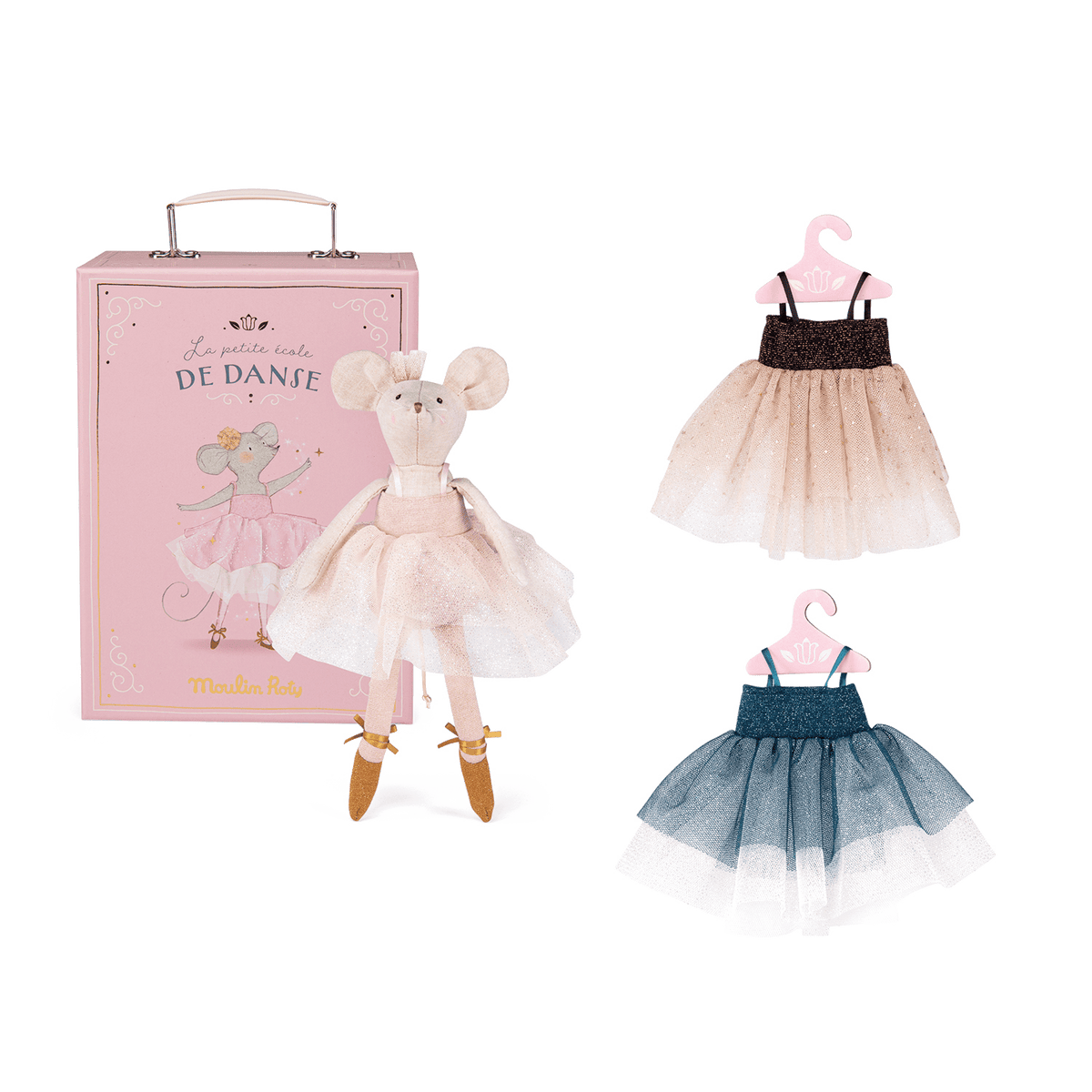 Pink Moulin Roty ballet suitcase with interchangeable nude and teal tutus