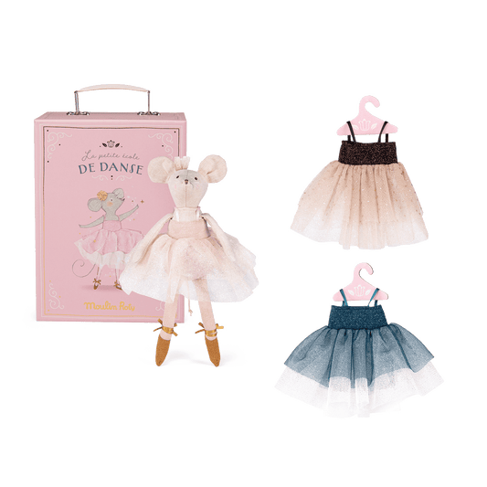Pink Moulin Roty ballet suitcase with interchangeable nude and teal tutus