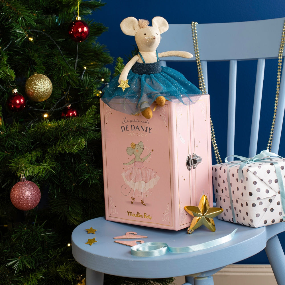 Ballerina mouse doll in teal glitter tutu on closed pink suitcase